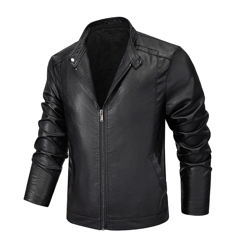 Men's Slim-Fit Faux Leather Zip Jacket with Stand Collar and Seam Panels Mune Fashion