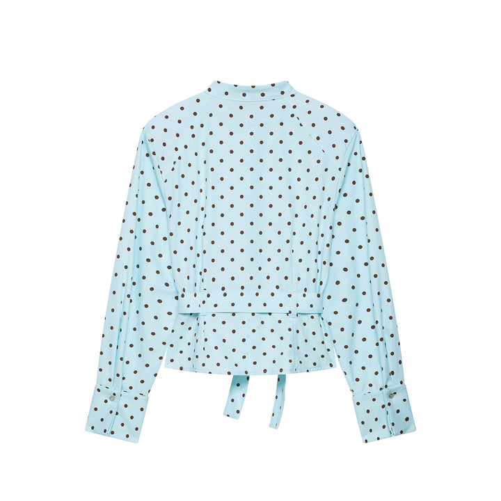 Women's blouse with stand-up collar, tie belt, and patch breast pockets Mune Fashion