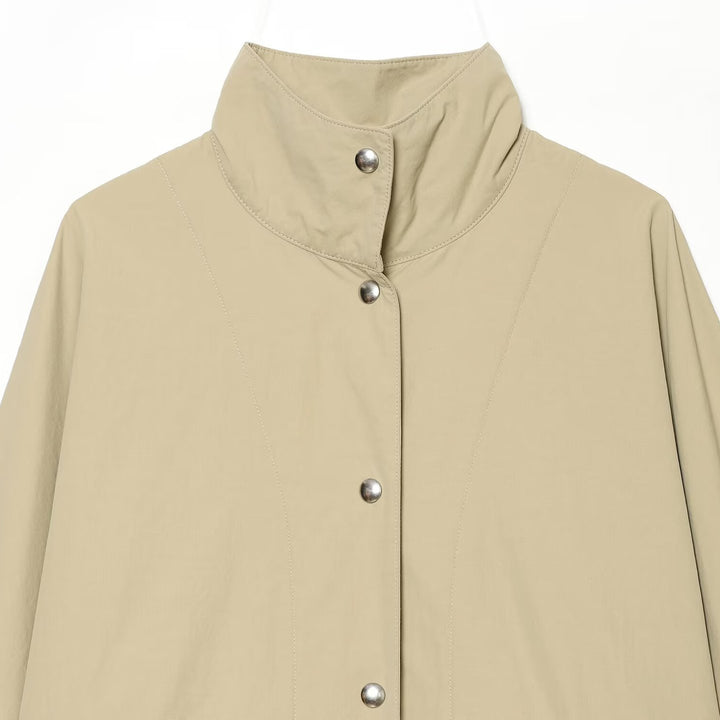 Women Oversized Rain Jacket in Cape Style with Stand-Up Collar and Snap Button Placket Mune Fashion
