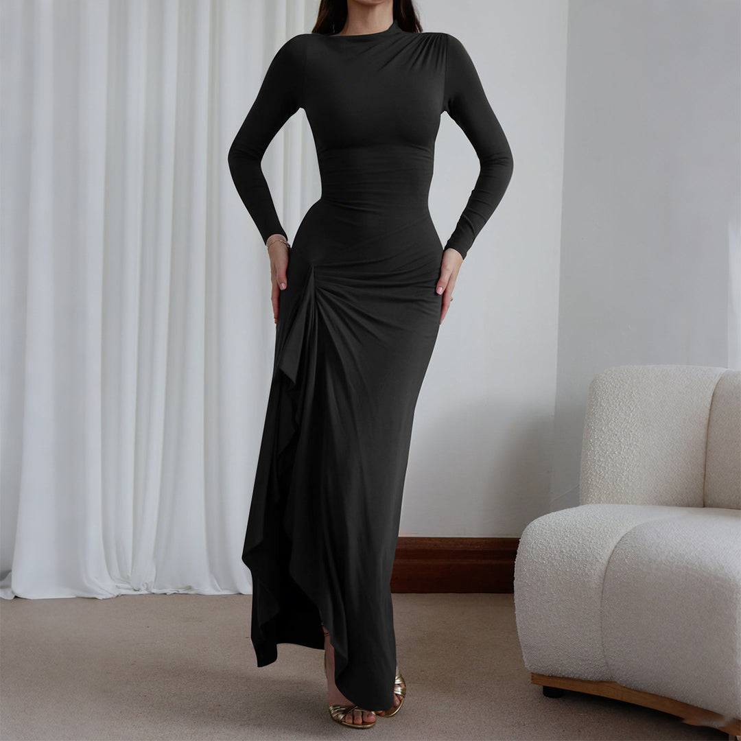 Women's ruffled maxi dress with long sleeves, waist-defining stretch fit and side ruffle detail Mune Fashion