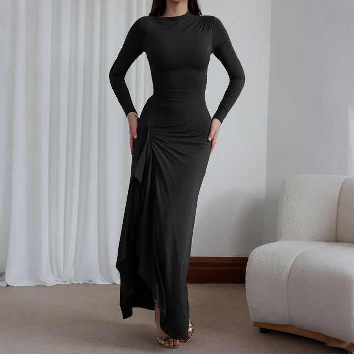 Women's ruffled maxi dress with long sleeves, waist-defining stretch fit and side ruffle detail Mune Fashion