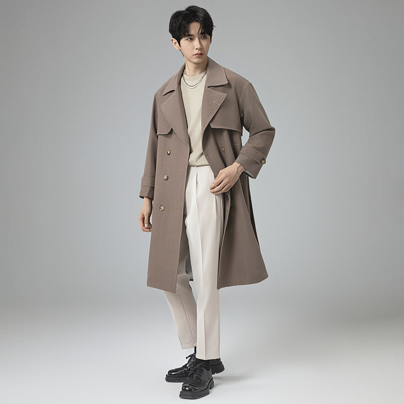Men's Oversized Double-breasted Wool Blend Trench Coat with Shawl Collar and Contrast Flap Mune Fashion