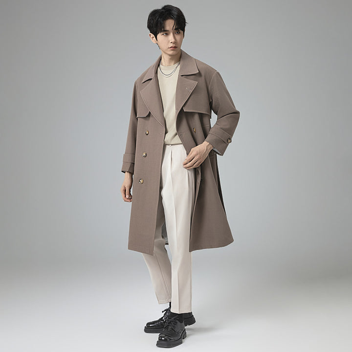 Men's Oversized Double-breasted Wool Blend Trench Coat with Shawl Collar and Contrast Flap Mune Fashion
