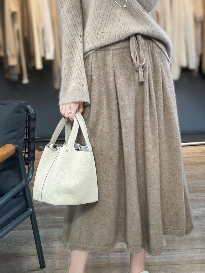 Women Mid-Length Cashmere-Look Knit Skirt with Pleats and Drawstring Mune Fashion