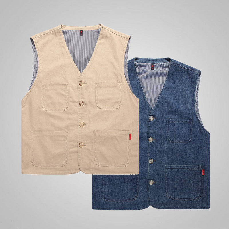 Men's canvas utility vest made of cotton with patch pockets and striped lining Mune Fashion