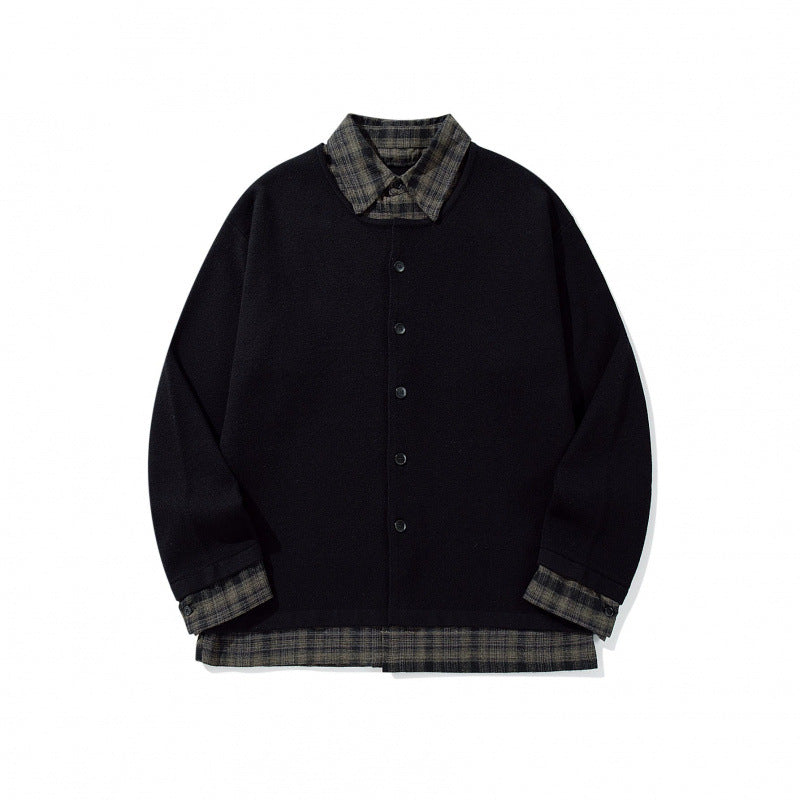 Unisex Layering Set made of checked blouse and open knit cardigan Mune Fashion