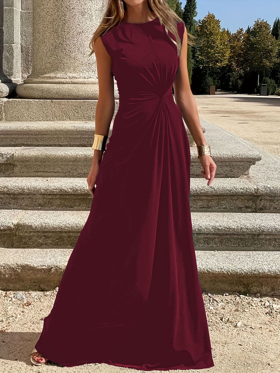 Women Elegant Maxi Dress with Gatherings and Round Neckline Mune Fashion