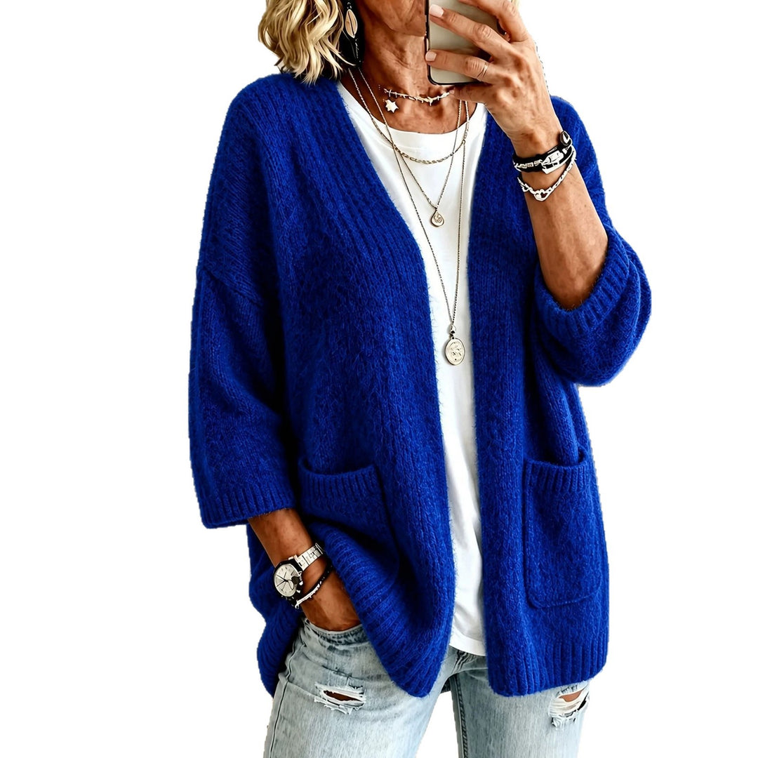 Women's Open Long Cardigan in Mohair Look with Patch Pockets and Dropped Shoulder Mune Fashion