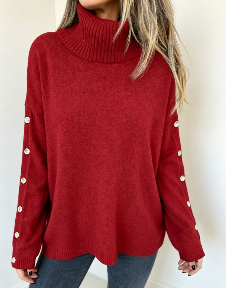 Women's Oversized Turtleneck Sweater with Sleeve Button Placket Mune Fashion