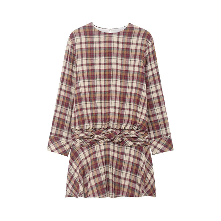 Ladies' checked mini dress with twisted waist band and flared skirt Mune Fashion