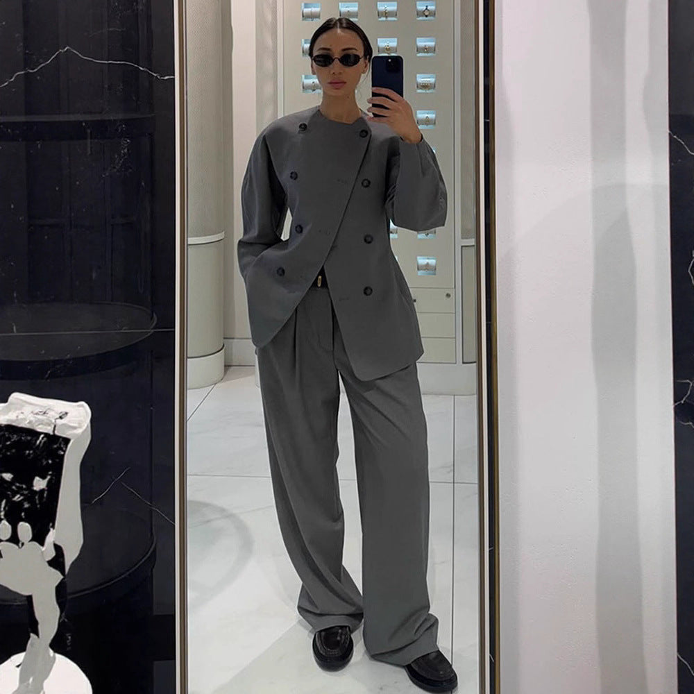 Women's Tailored Double-Breasted Blazer with Asymmetric Closure and Pleated Pants Mune Fashion