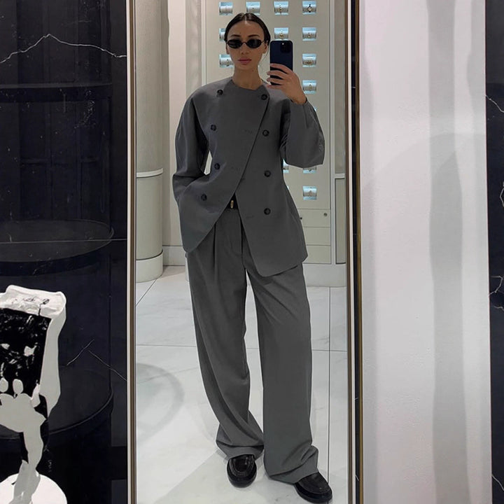 Women's Tailored Double-Breasted Blazer with Asymmetric Closure and Pleated Pants Mune Fashion