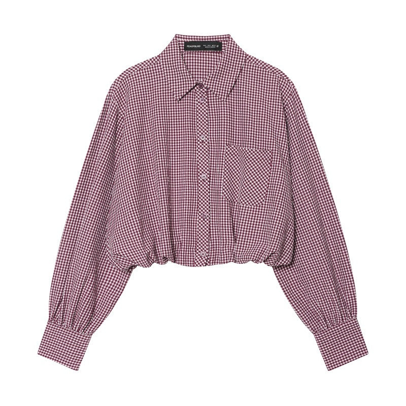 Women Checked Cropped Blouse with Elastic Hem Mune Fashion