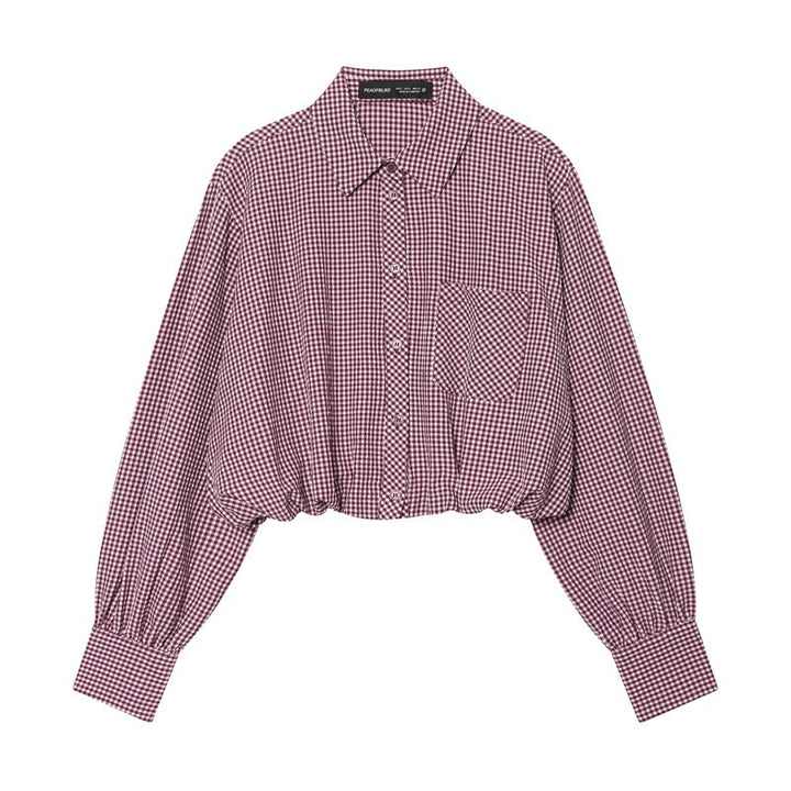 Women Checked Cropped Blouse with Elastic Hem Mune Fashion