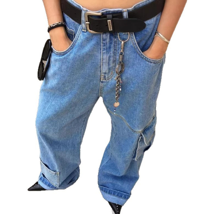 Women Extra Wide Baggy Jeans with Cargo Patches and Low Waist Mune Fashion