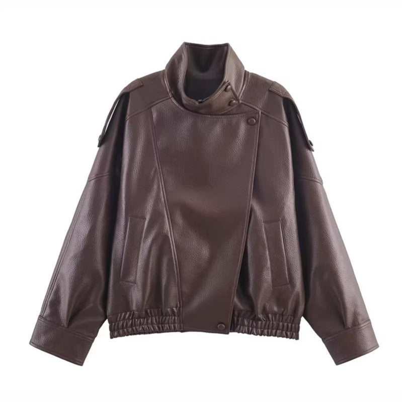 Women's Stylish Leather Jacket with High Collar
