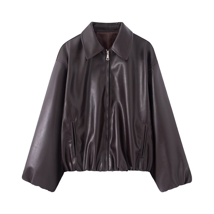 Women's Oversized Faux Leather Blouson Jacket with Collar, Zipper and Elastic Hem Mune Fashion