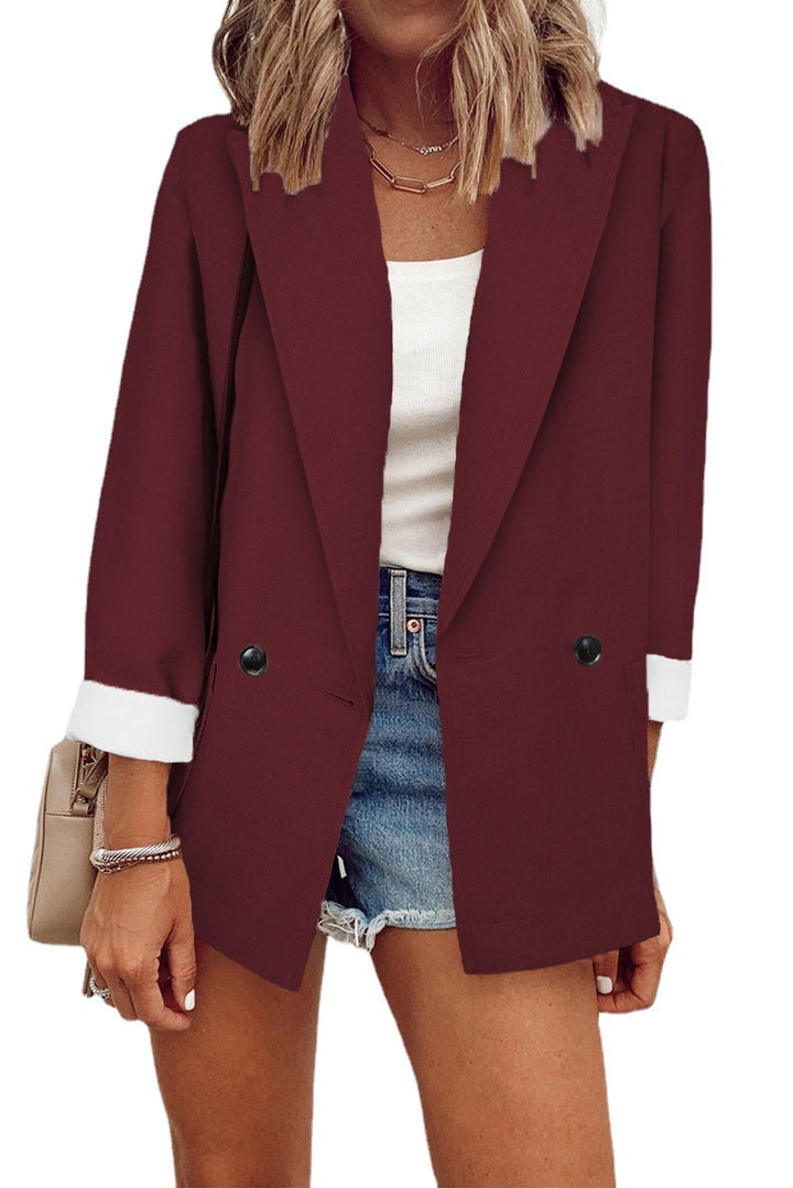 Women's Oversize Longline Blazer with 3/4 Sleeves, Contrast Lapel and Patch Pockets Mune Fashion