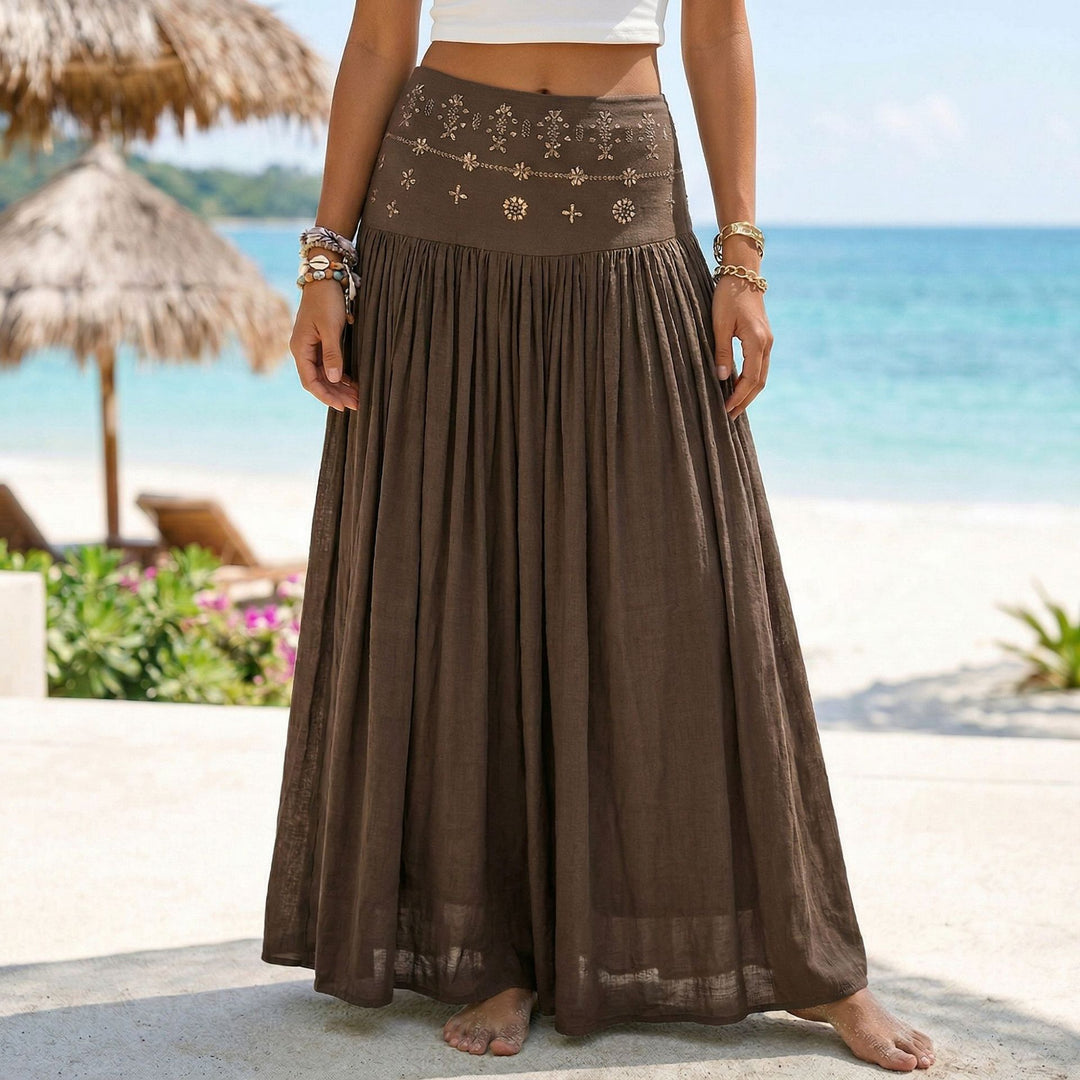 Ladies nan maxi-flounce skirt with embroidered waistband and fine pleats Mune Fashion