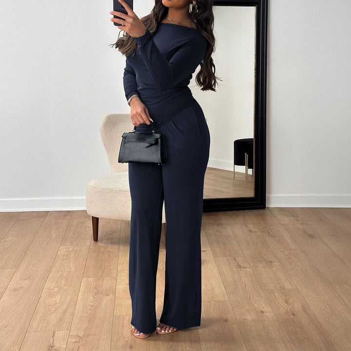 Women's two-piece jersey set with asymmetric wrap look, long-sleeve top, and wide high-waist pants Mune Fashion