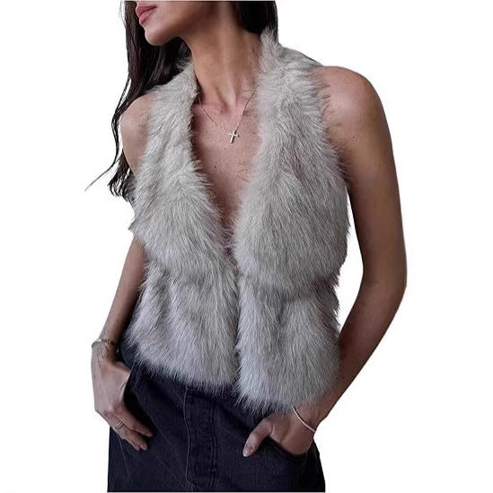 Women's Sleeveless Cropped Faux Fur Set with Mini Skirt and Fluffy Cuffs Mune Fashion