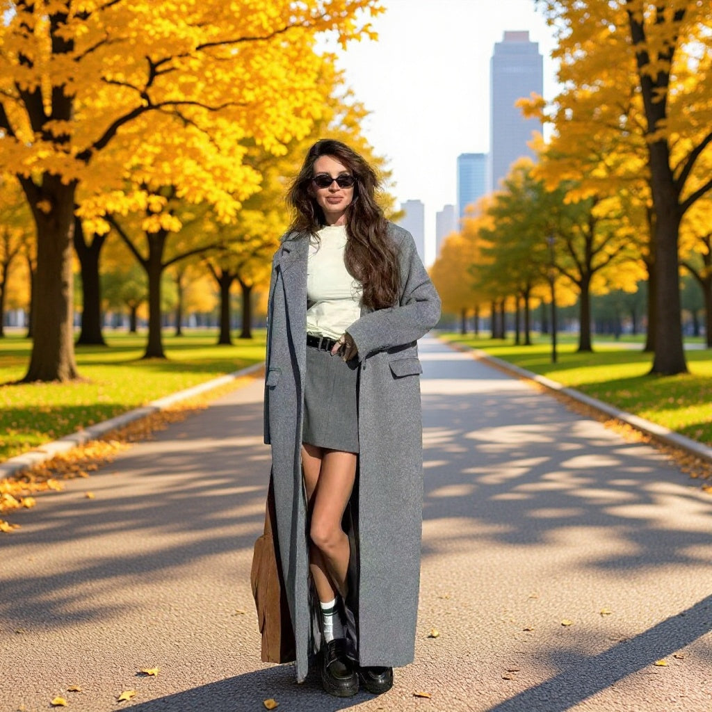 Women's Longline Wool Coat with Oversized Cut, Notched Collar and Side Slits Mune Fashion