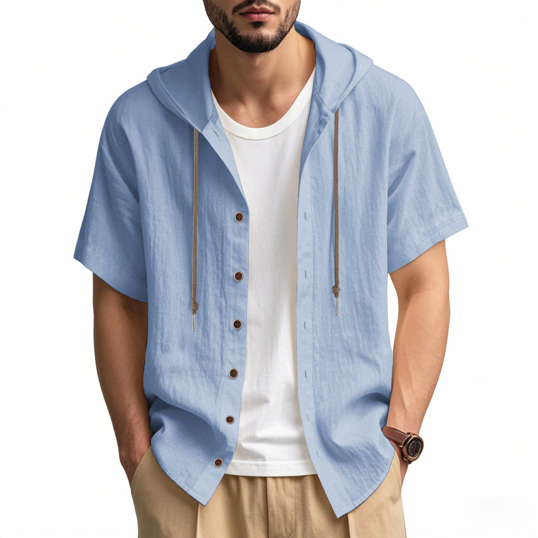 Men's breathable short sleeve hoodie made of linen blend with wooden button placket and drawstring Mune Fashion