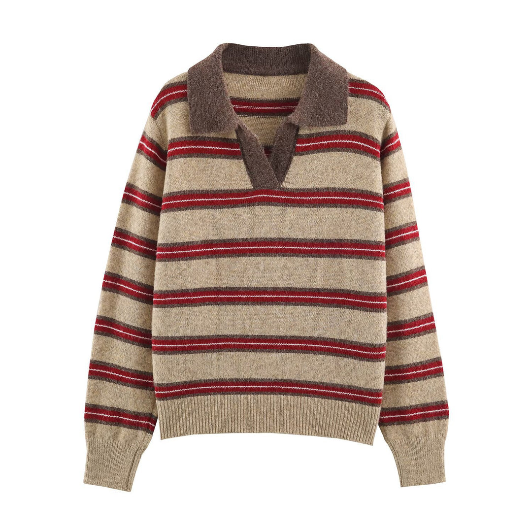 Women Striped Oversize Sweater with Polo Collar and V-Neck Mune Fashion
