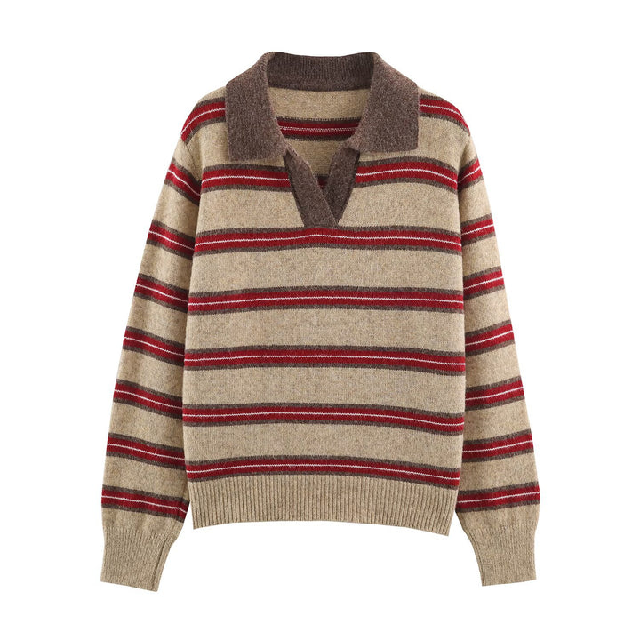 Women Striped Oversize Sweater with Polo Collar and V-Neck Mune Fashion