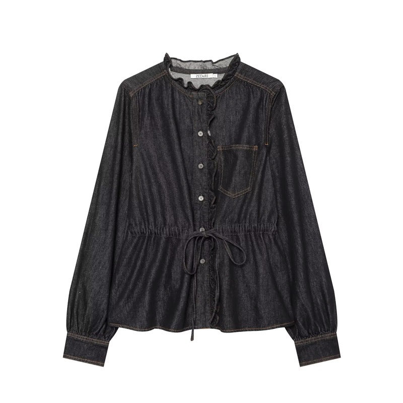 Women's tailored blouse jacket in denim look with ruffle collar and drawstring Mune Fashion