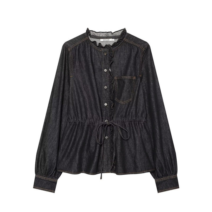 Women's tailored blouse jacket in denim look with ruffle collar and drawstring Mune Fashion