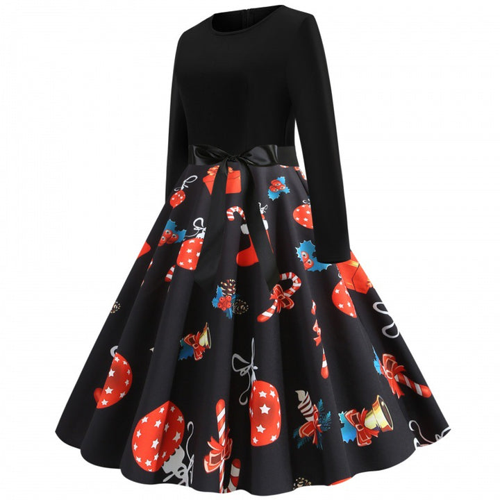 Women Retro Swing Dress with Jersey Top, Tailored Satin Sash and Festive Print Mune Fashion
