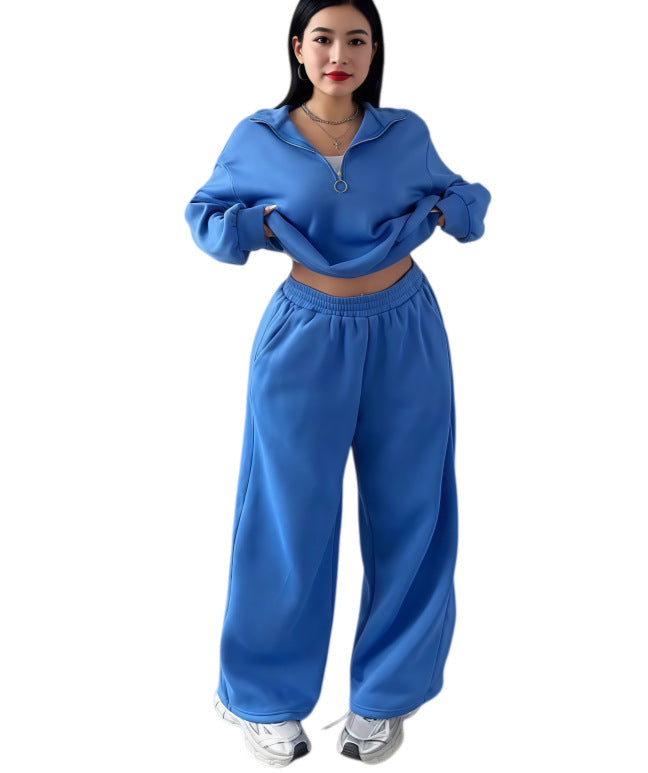 Women's Cropped Oversized Sweatshirt with Half Zipper and Wide High-Waist Jogging Pants Set Mune Fashion