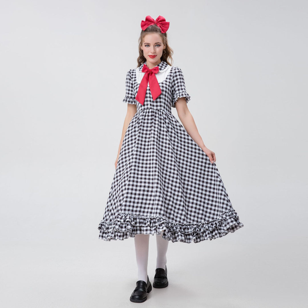 Women's vintage-inspired checked swing dress with detachable apron, ruffled sleeves, and bow collar Mune Fashion