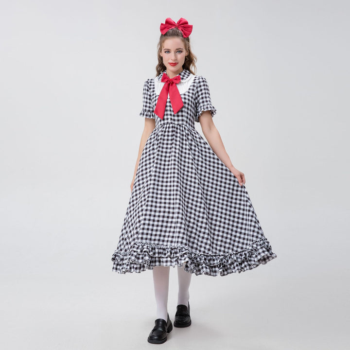 Women's vintage-inspired checked swing dress with detachable apron, ruffled sleeves, and bow collar Mune Fashion