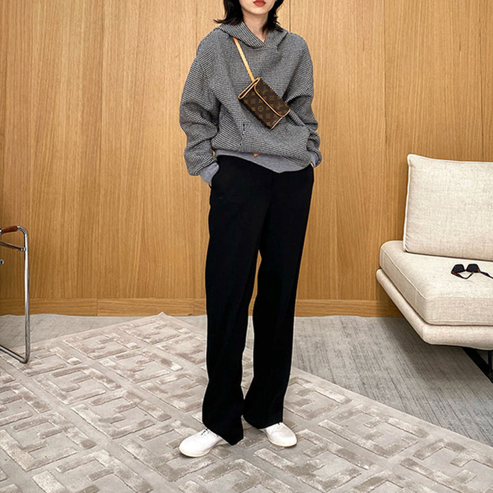 Women's Oversized Sweat Jacket with Hood and Modern Houndstooth Pattern Mune Fashion