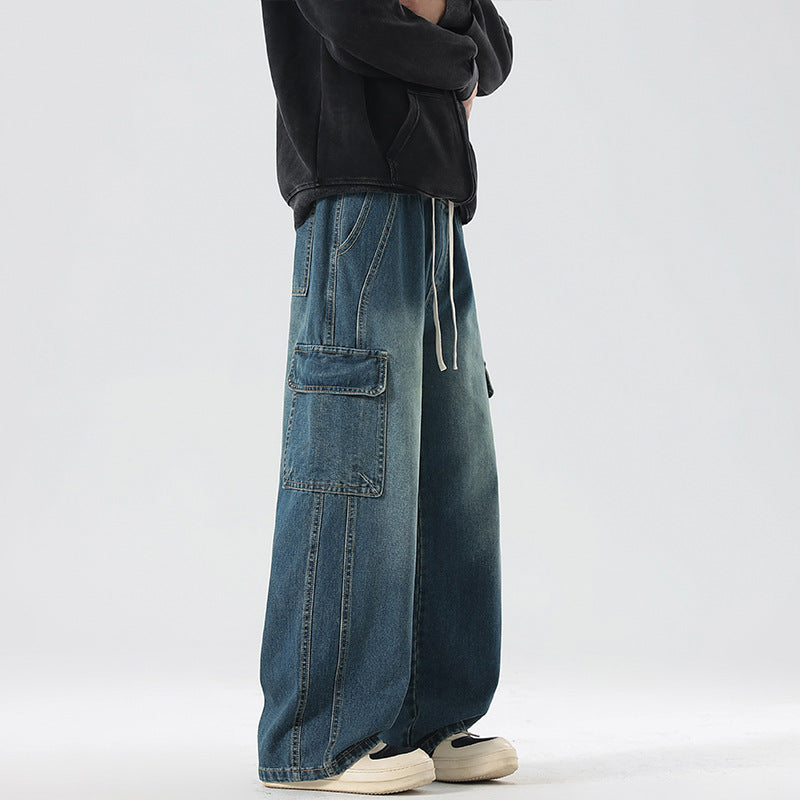 Men's Stonewashed Denim Cargo Palazzo with Extra Wide Legs and Visible Decorative Stitching Mune Fashion