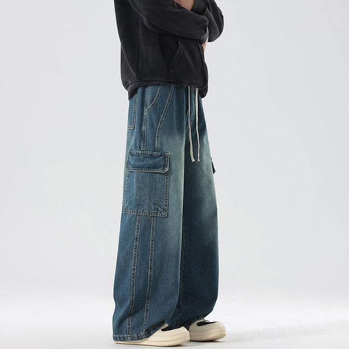 Men's Stonewashed Denim Cargo Palazzo with Extra Wide Legs and Visible Decorative Stitching Mune Fashion