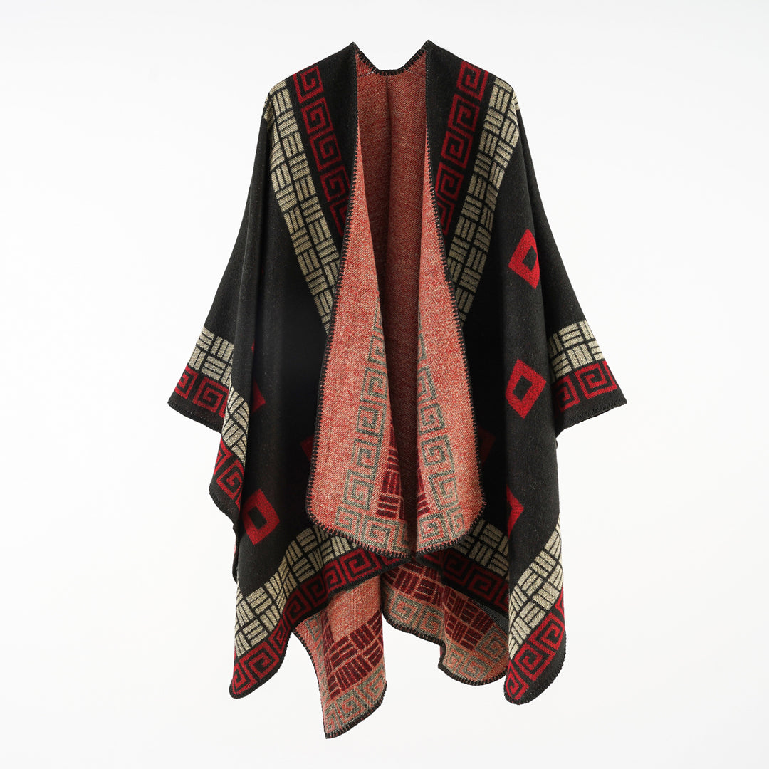 Women's Kastiger Wool Blend Ruana with Contrasting Inner Lining and Graphic Jacquard Design