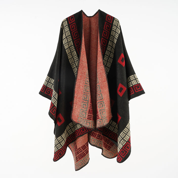 Women's Kastiger Wool Blend Ruana with Contrasting Inner Lining and Graphic Jacquard Design
