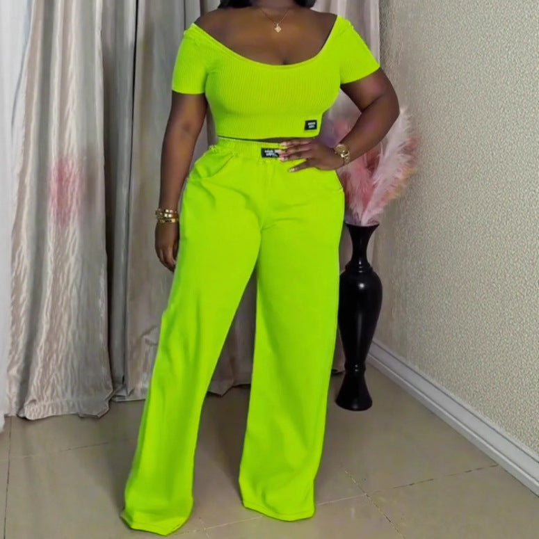 Women's off-the-shoulder ribbed crop top with wide-cut, high-waisted palazzo pants Mune Fashion