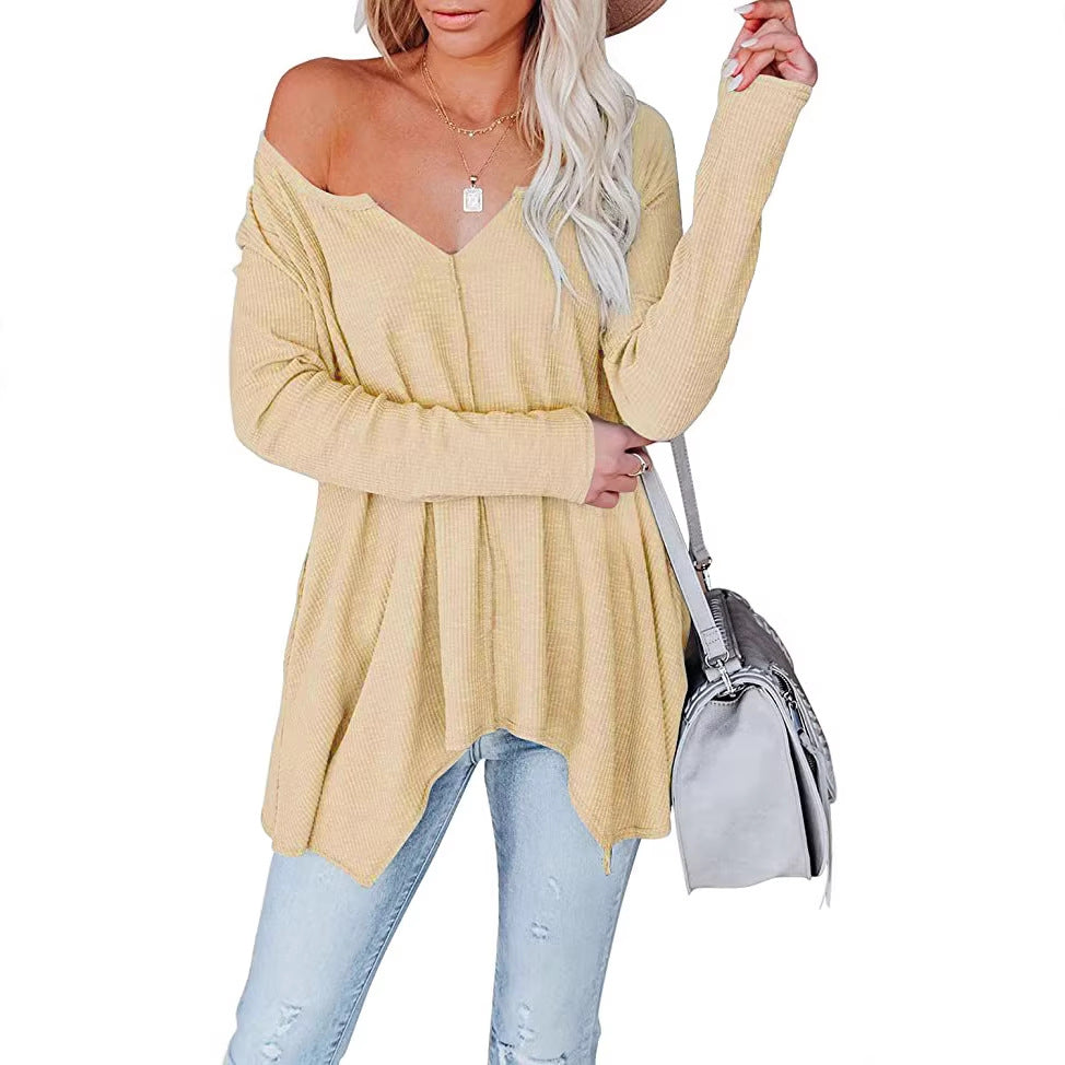 Women's Casual Waffle Knit Tunic Top with V-Neck, Off-Shoulder and Asymmetrical Hem Mune Fashion