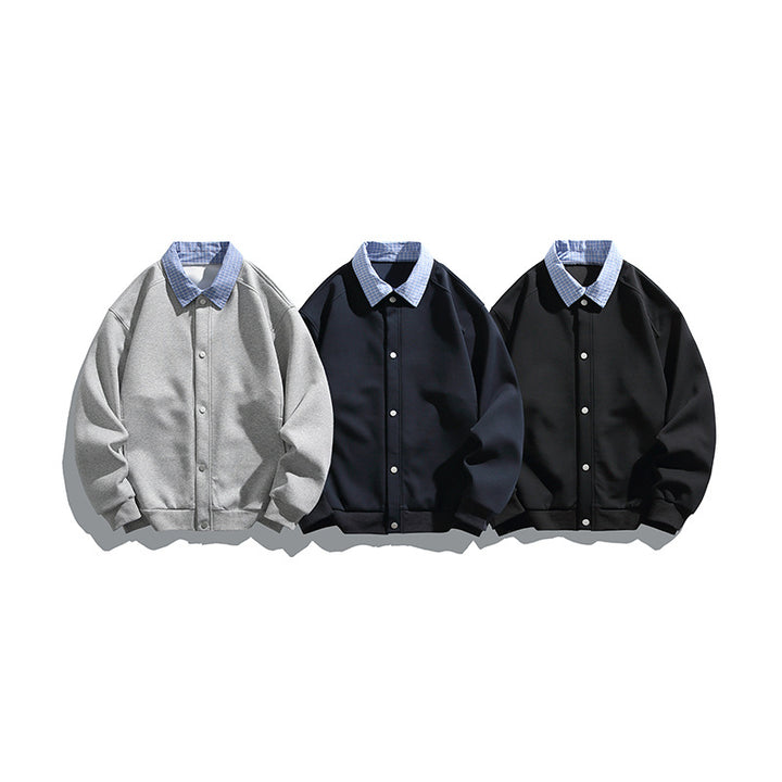 Men's Boxy Bomber Jacket with Contrast Shirt Collar, Snap Button Front & Ribbed Hem Mune Fashion