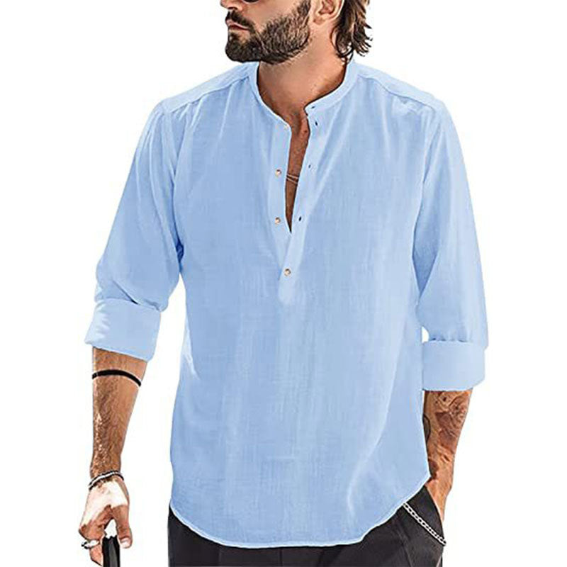 Men's relaxed long sleeve Henley shirt made of breathable linen blend with stand-up collar Mune Fashion