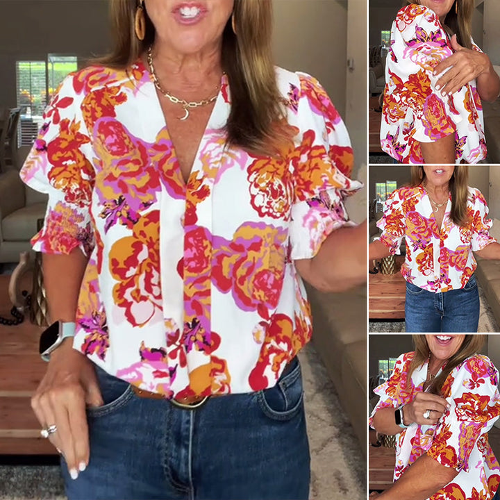 Ladies nan loose blouse with gathered puff sleeves and button placket Mune Fashion