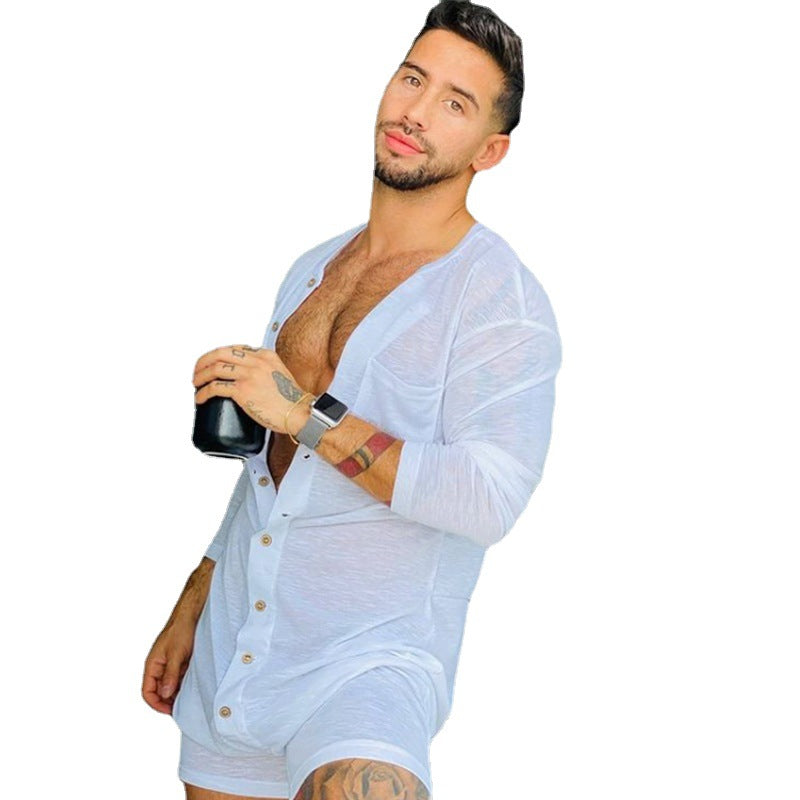 Men's comfortable short overall with round neck, continuous wooden button placket and chest pocket Mune Fashion