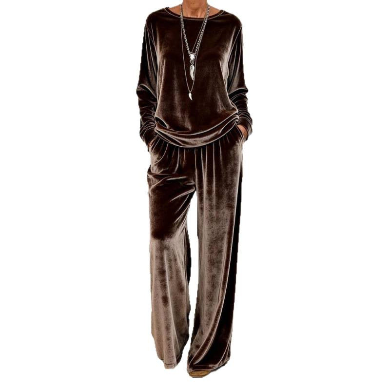 Women Velvet Loungewear Set with Wide Leg, Elastic Waistband and Round Neckline Mune Fashion