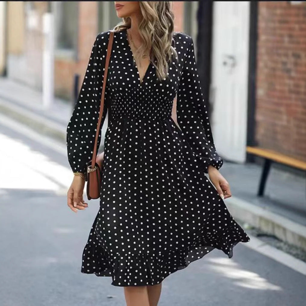 Ladies' dotted A-line midi dress with V-neck, smocked waist and two-tiered ruffle Mune Fashion