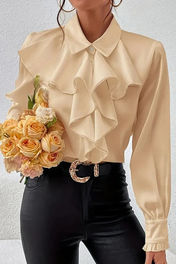 Women Elegant Ruffled Blouse with Flounces, Shirt Collar and Cuffs Drune