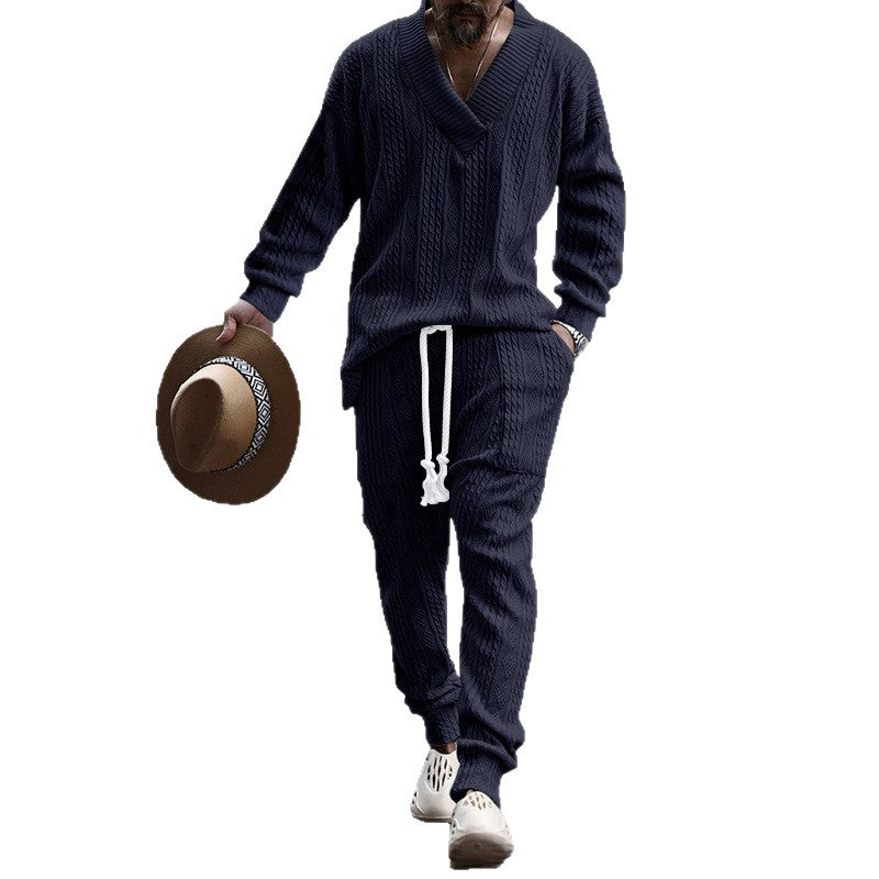 Men's Structured Knit Lounge Set with Deep V-Neck and Drawstring Pants Mune Fashion